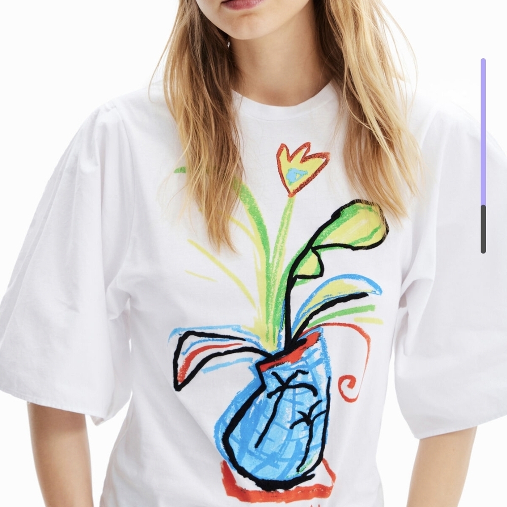 Desigual White Tee with Red and Yellow Accents 100% Cotton Rare 2023 Collection - Picture 2 of 5
